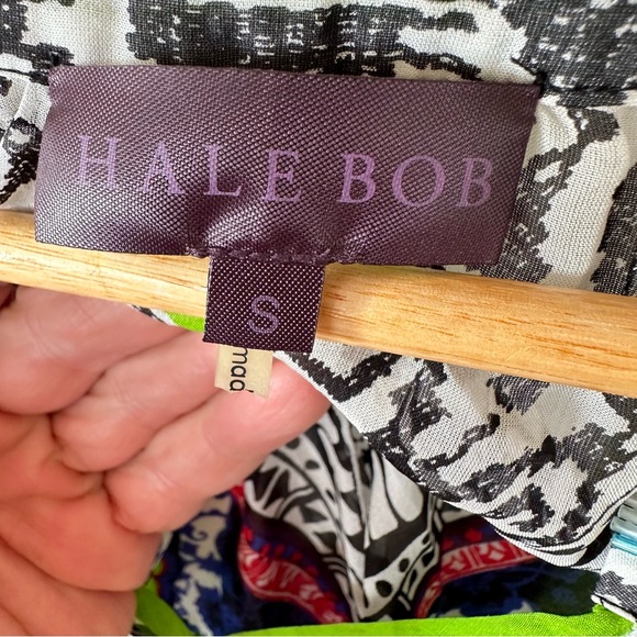 Hale Bob Green Chartreuse Print Silk Bell Sleeve Pullover Top Size S - Picture 7 of 12